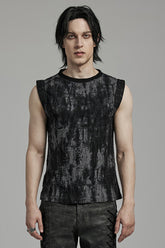 Black/Grey Round Collar Sleeveless Print Ripped Distressed Eyelet Men's Gothic Tank Top